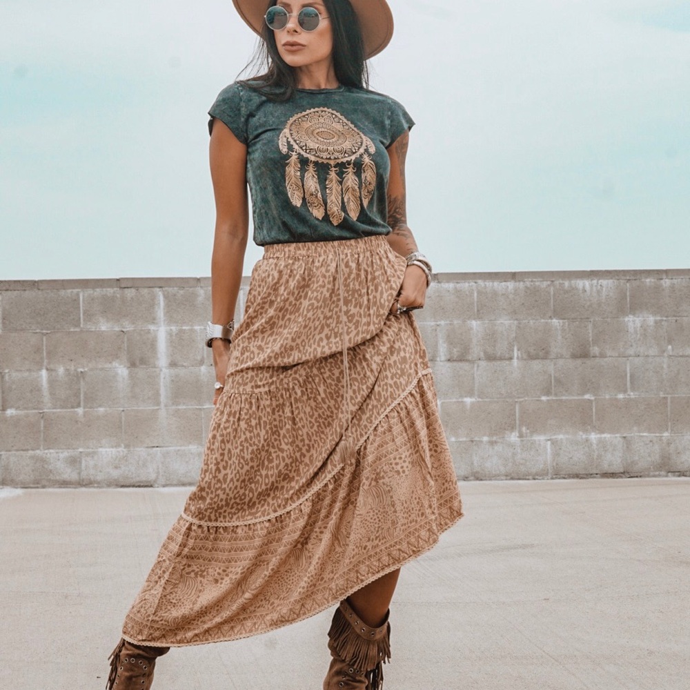 Boho Spell Style Leopard Gypsy Festival Maxi Skirt
